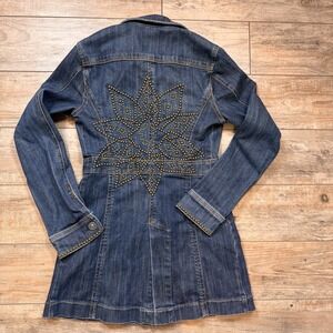 Vtg PLUSH Premium Denim Studded Jacket Women's Med Long Barn Coat Y2K Made USA
